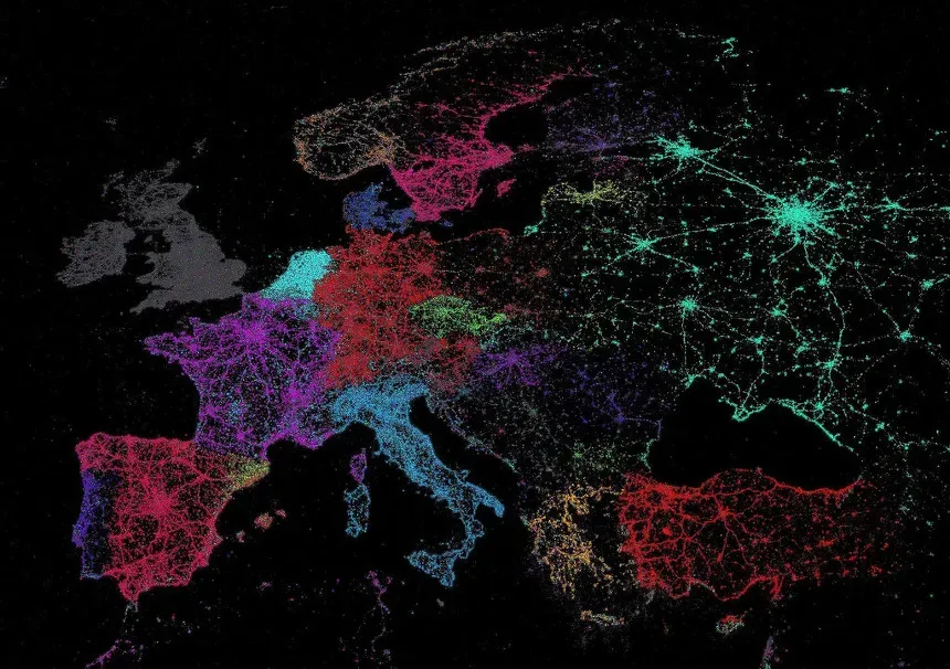 Map of river systems on the European continent. Russia seems to be showing cities.